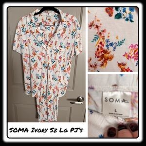 Soma “Notched Collar” short sleeve/pants ivory & orange print sz Large